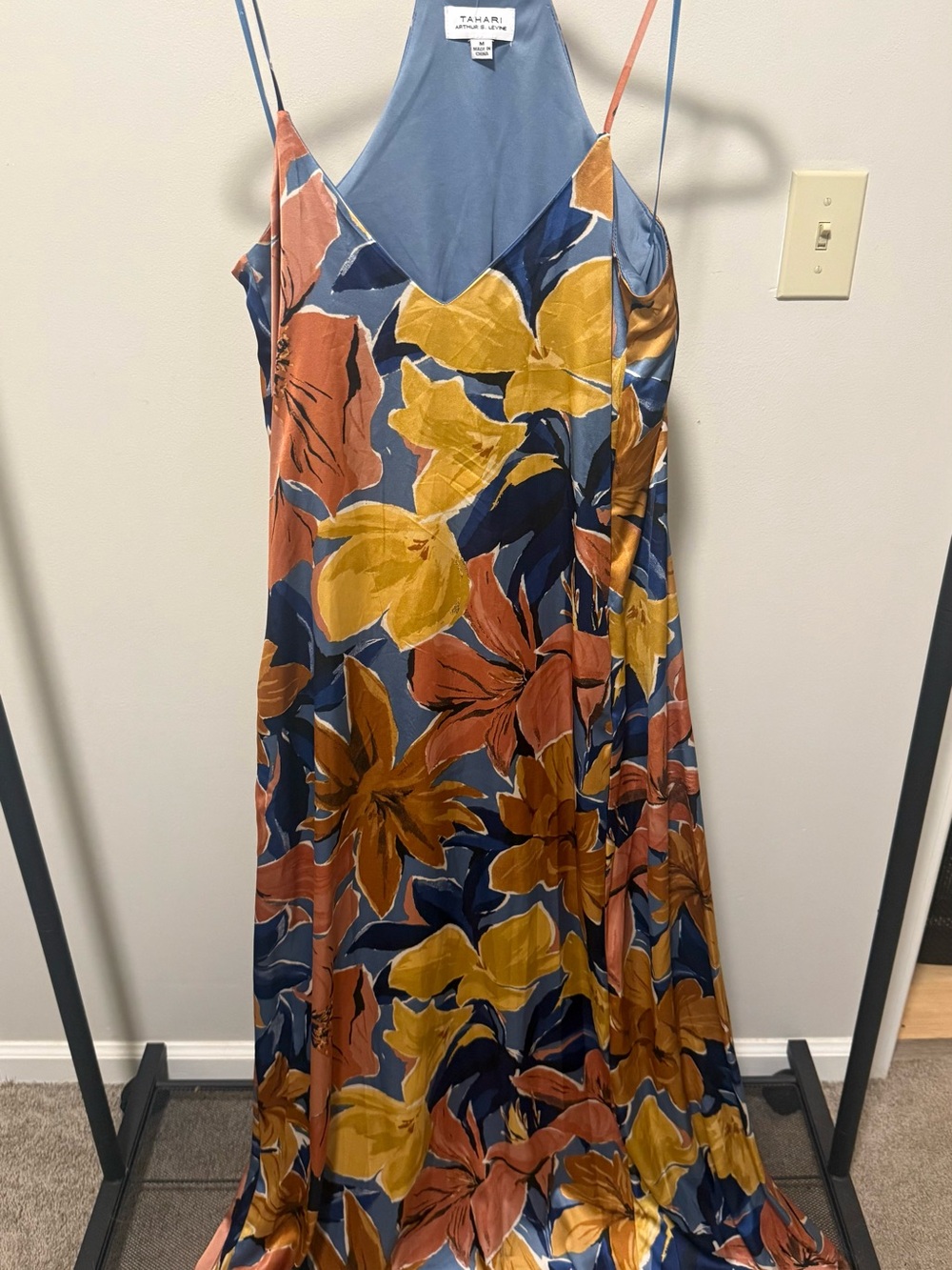 Tahari Blue Floral Slip Maxi Dress with Yellow & Rust Blooms